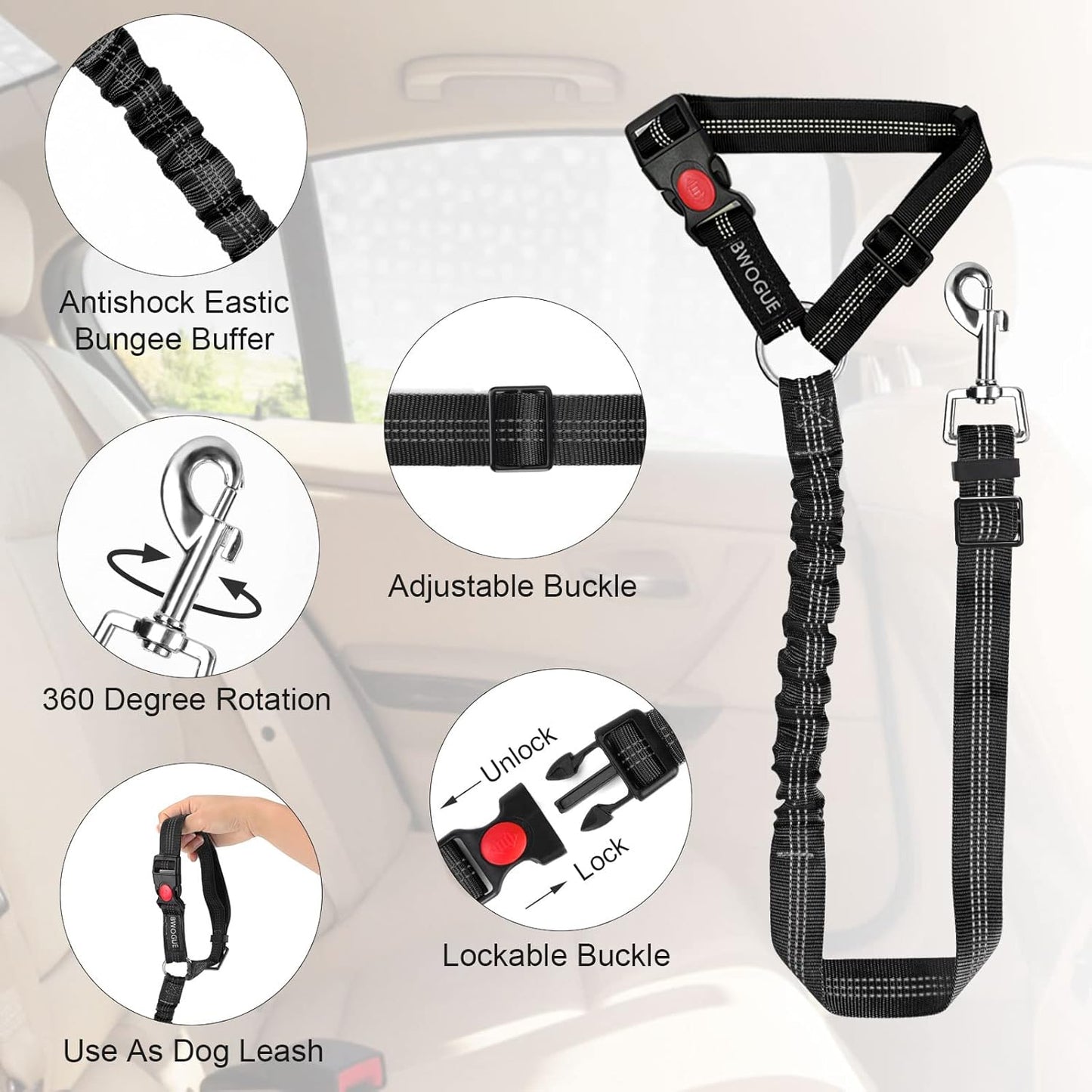 2 Packs Dog Cat Safety Seat Belt Strap Car Headrest Restraint Adjustable Nylon Fabric Dog Restraints Vehicle Seatbelts Harness Black Elastic Bungee