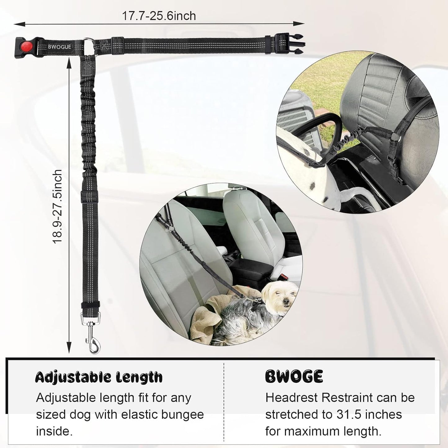 2 Packs Dog Cat Safety Seat Belt Strap Car Headrest Restraint Adjustable Nylon Fabric Dog Restraints Vehicle Seatbelts Harness Black Elastic Bungee